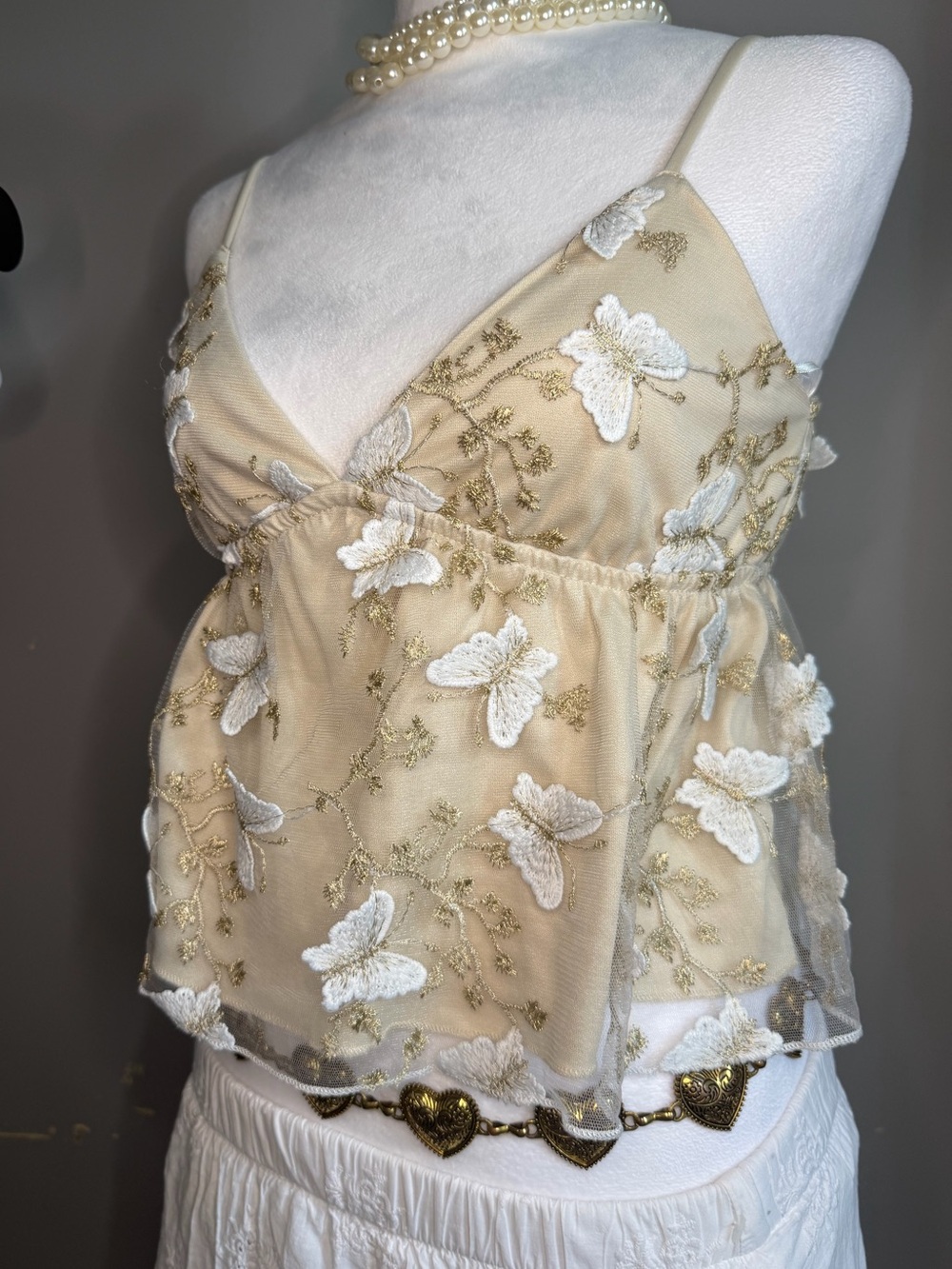 Delicate Cream Lace Butterfly Cami Top